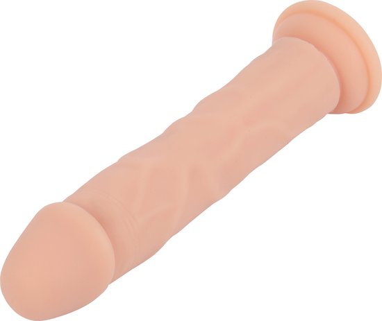 Beige dildo met textuur en platte basis.