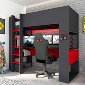 Hoogslaper gamer NOAH met bureau en opbergruimtes - 90 x 200 cm - met LED's - Antraciet en rood L 206 cm x H 183 cm x D 110 cm