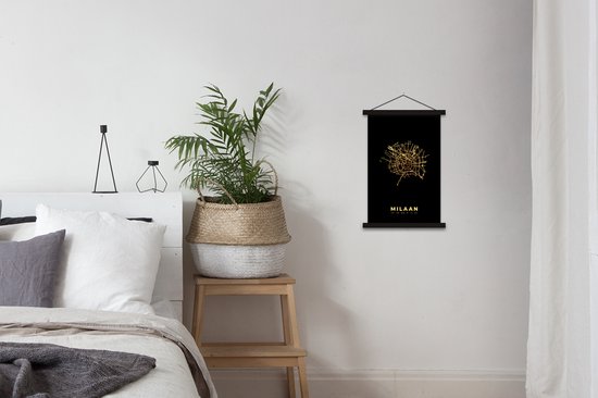Posterhanger incl. Poster 40x60 cm - Schoolplaat - Milaan - Plattegrond - Goud - Zwart - Textielposter - Zwarte latten - Stadskaart