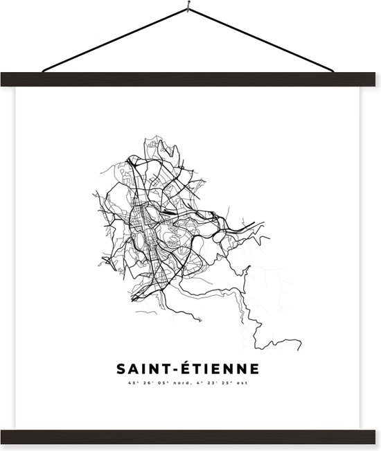 Porte-affiche avec Poster - Affiche scolaire - France - Plan de la ville - Zwart et Wit - Saint Étienne - Carte - Carte - 60x60 cm - Lattes noires