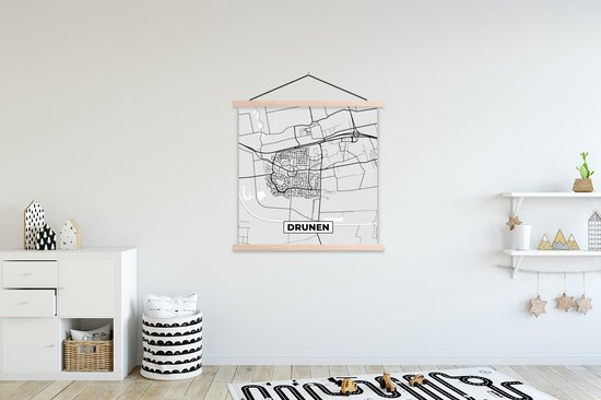 Porte-affiche avec affiche - Affiche scolaire - Drunen - Zwart Wit - Plan de la ville - Carte - Plan d'étage - Pays- Nederland - 120x120 cm - lattes vierges