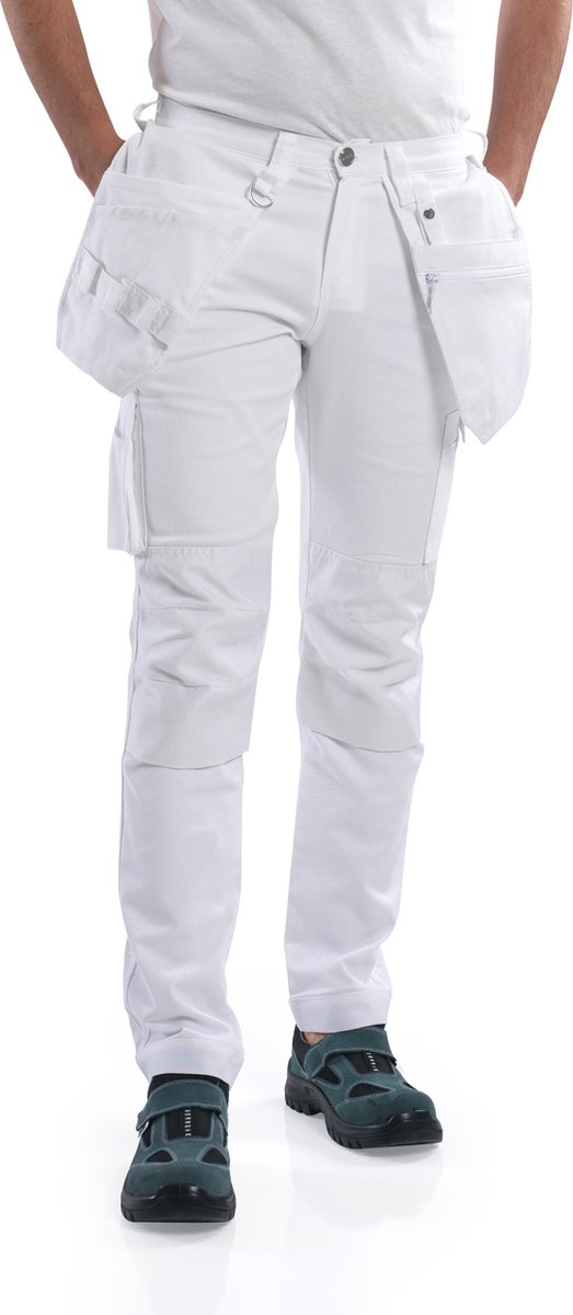 BITCO MAAS Stretch Waterdichte Heren Schildersbroek Werkbroek - CORDURA® Versterkte Kniebeschermer Zakken Heren Werkbroek Wit