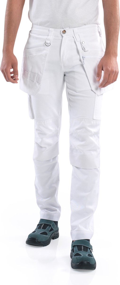 BITCO MAAS Stretch Waterdichte Heren Schildersbroek Werkbroek - CORDURA® Versterkte Kniebeschermer Zakken Heren Werkbroek Wit