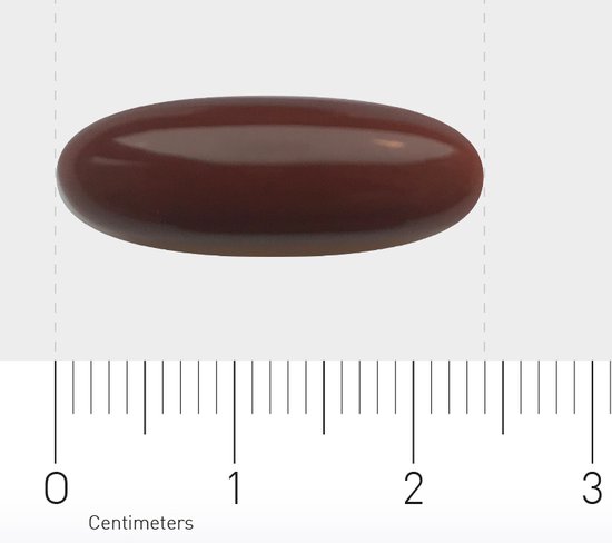 Een bruine, ovale softgel van Orthica op een schaal van 0-3 cm.