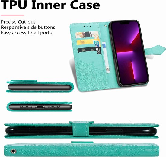 Étui de téléphone vert à motif floral, avec fentes pour cartes et support déplié.
