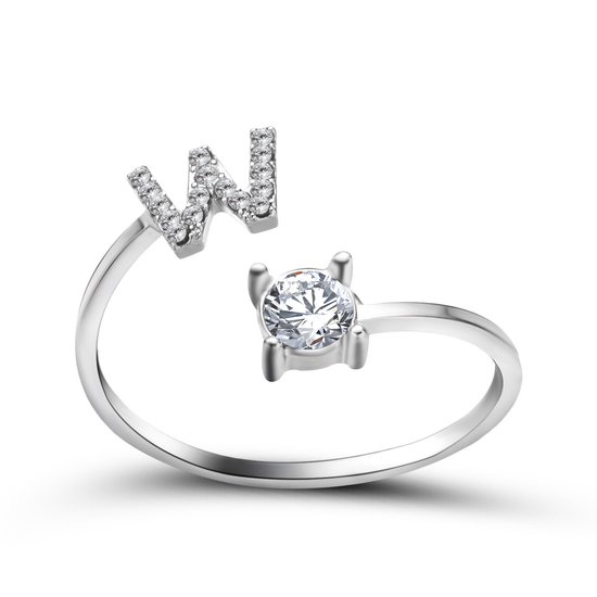 Ring met letter W - Ring met steen - Aanschuifring - Zilver kleurig - Ring Zilver dames - Cadeau voor vriendin - Vrouw - Sieraad meisje - Mooie ring tieners - Alfabet ring W - Ring met initiaal