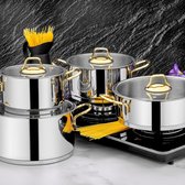 OZ Life - HUMA - Kookpottenset - (Set van 4 potten + 4 deksels) - Zilver / Goud - Met handgreep -