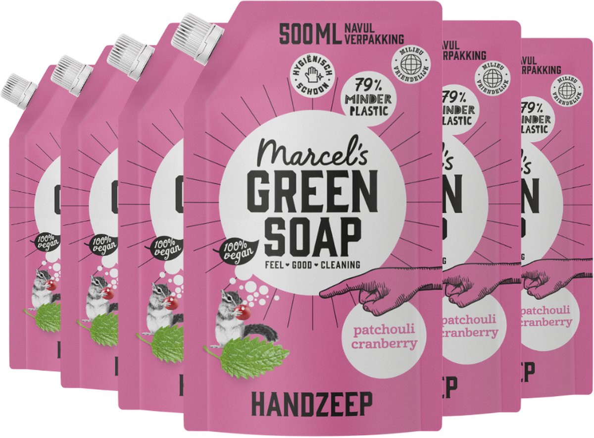Marcel's Green Soap Handzeep Patchouli & Cranberry navulling - 6 x 500 ml