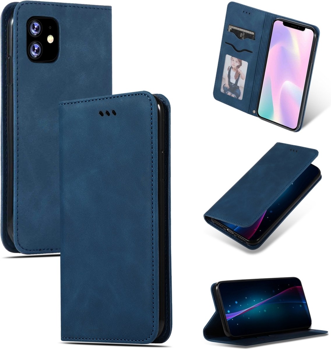 Mobigear Telefoonhoesje geschikt voor Apple iPhone 11 Hoesje | Mobigear Retro Slim Bookcase | Pasjeshouder voor 2 Pasjes | Telefoonhoesje voor Pinpas / OV Kaart / Rijbewijs - Blauw