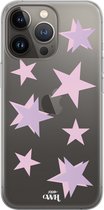Hoesje met sterren roze - Pink Stars - iPhone Transparant Case - Case geschikt voor iPhone 13 Pro hoesje transparant - Doorzichtig hoesje met sterren - roze