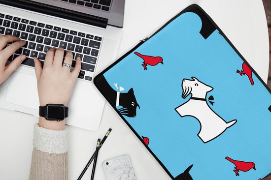 Laptophoes 17 inch - Hond - Vogel - Dieren - Patronen - Kinderen - Laptop sleeve - Binnenmaat 41x28 cm - Zwarte achterkant