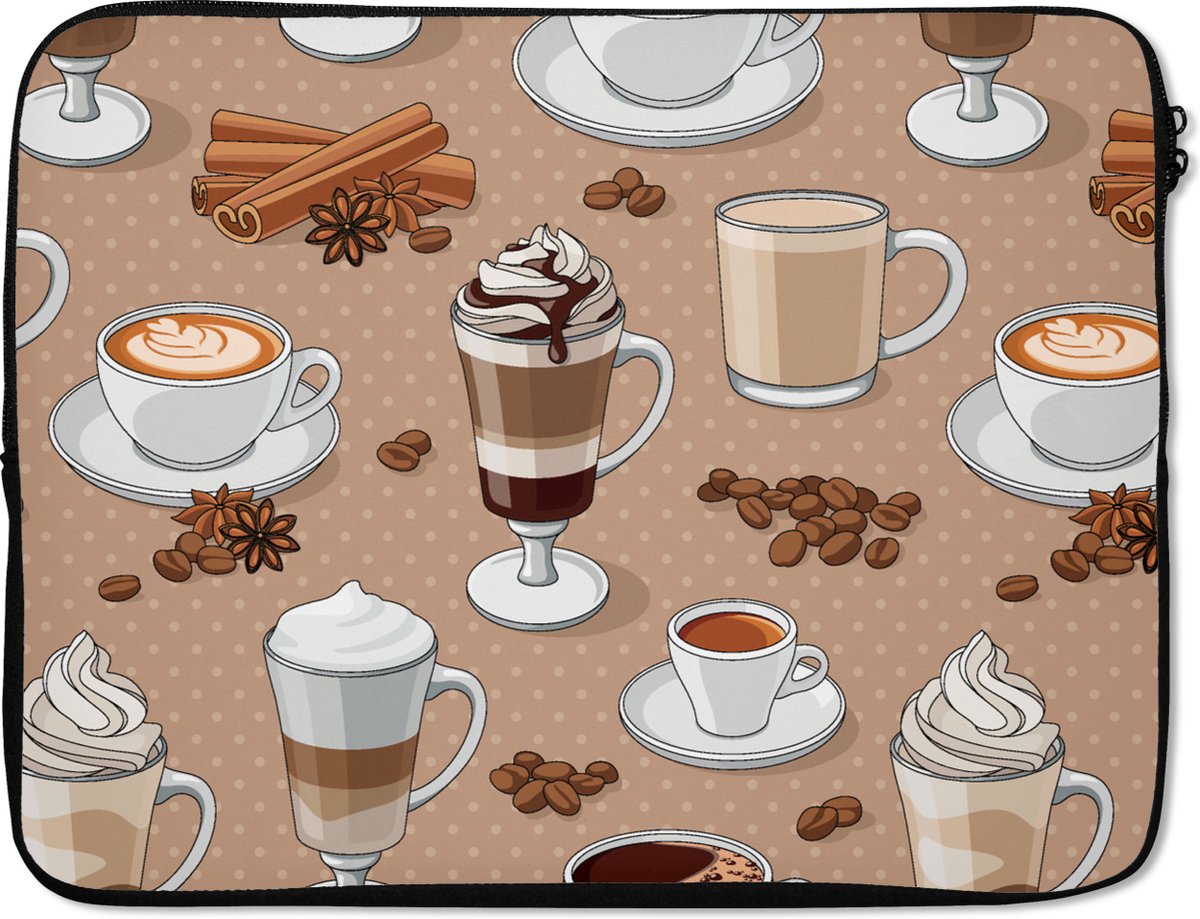 Laptophoes 15.6 inch - Patronen - Koffie - Cappuccino - Chocolade - Laptop sleeve - Binnenmaat 37x26 cm - Zwarte achterkant
