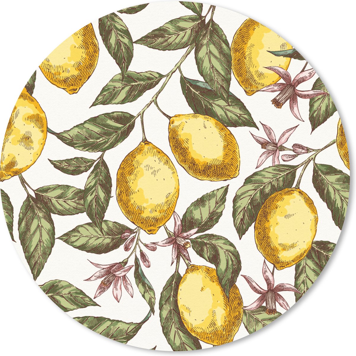 Muismat rond 30x30 cm - Mousepad Patroon - Bloemen - Citroenen - Citrus - Ronde muismatten
