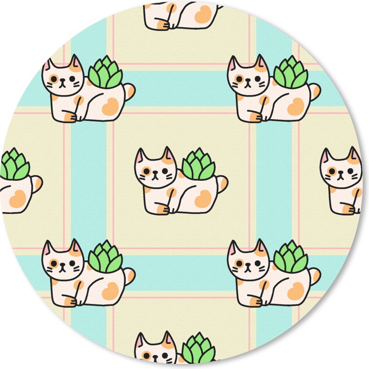 Muismat - Mousepad - Rond - Katten - Planten - Pastel - Kind - Patroon - 50x50 cm - Ronde muismat