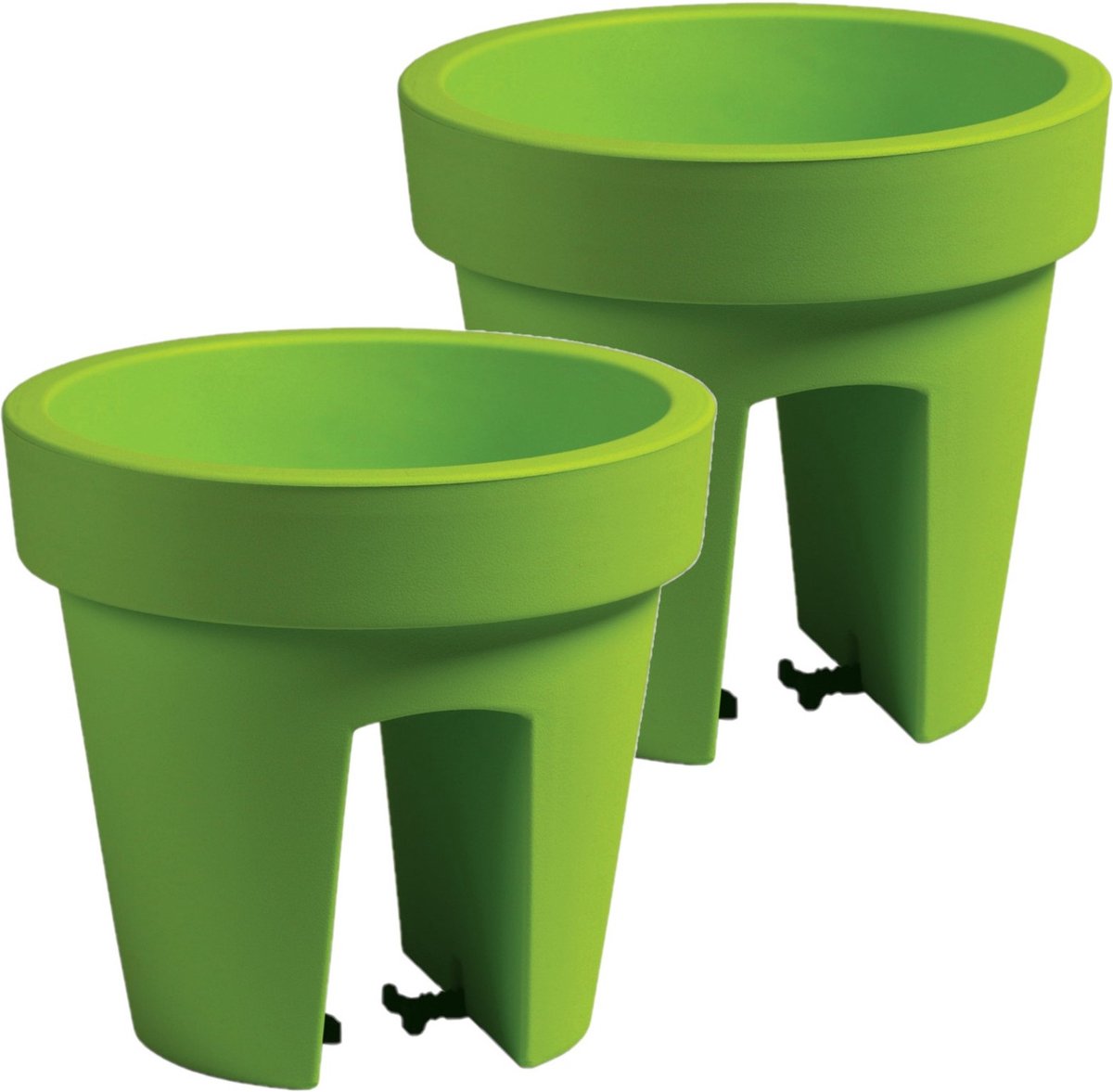 Balkon plantenpot/bloempot - 2x stuks - limegroen - 5 liter - kunststof - D25 x H23 cm - met relingklem