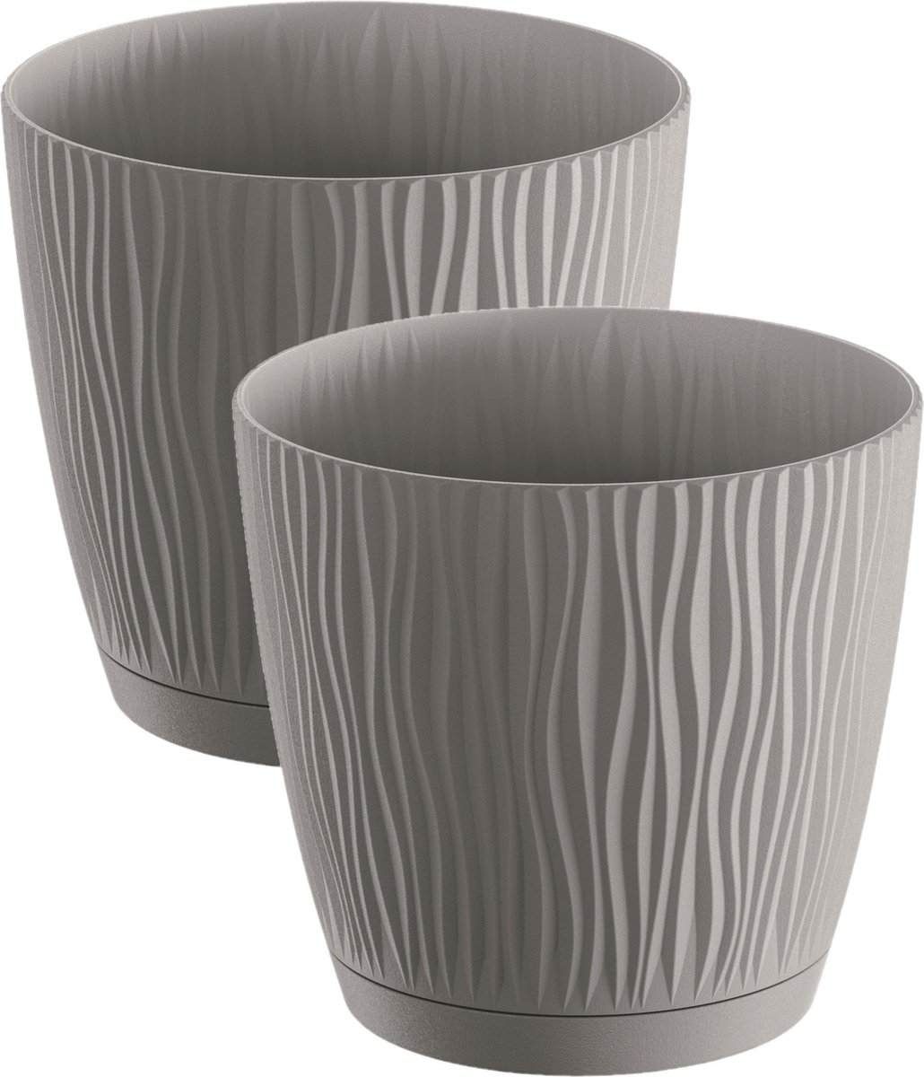 Prosperplast Plantenpot/bloempot Waves - 2x stuks - kunststof - steengrijs - D15 x H14 cm - binnen/buiten - met opvangschaal