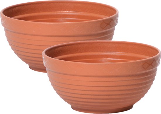 2x stuks tafelstuk plantenpot/bloempot kunststof dia 40 cm en hoogte 17 cm in het terra cotta voor binnen/buiten