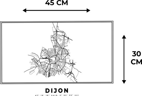 Set de table - Napperons plastique - Dijon - Carte - Wit Zwart - Plan de la ville - Carte - 45x30 cm - 6 pièces - Résistant à la chaleur - Antidérapant - Sous-couche - Amovible