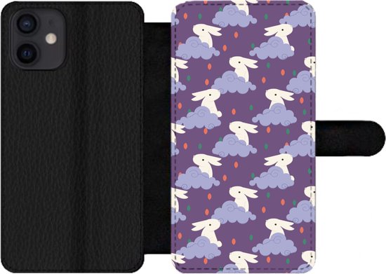 Telefoonhoesje Geschikt voor iPhone 12 Mini telefoonhoesje - Patronen - Konijn - Lucht - Paars - Meisjes - Kinderen - Kids - Met vakjes - Wallet case met magneetsluiting
