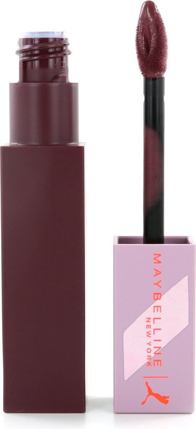 Maybelline Puma SuperStay Matte Ink Lipstick open met applicator. Matte paarse kleur.