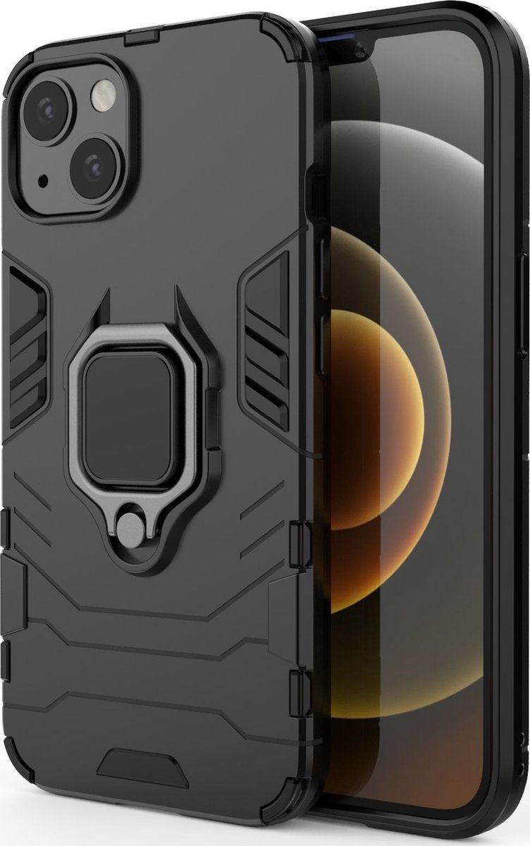 Mobigear Hoesje geschikt voor Apple iPhone 13 Telefoonhoesje Hardcase | Mobigear Armor Ring Backcover Shockproof met Ringhouder | Schokbestendig iPhone 13 Telefoonhoesje | Anti Shock Proof - Zwart