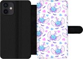 Bookcase Geschikt voor iPhone 12 telefoonhoesje - Meiden - Unicorn - Bloemen - Patronen - Girl - Kids - Kinderen - Met vakjes - Wallet case met magneetsluiting