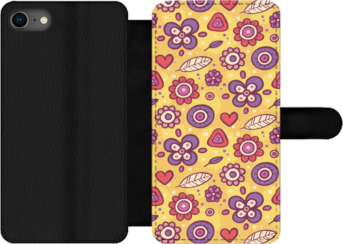 Telefoonhoesje Geschikt voor iPhone 7 telefoonhoesje - Patroon - Bloemen - Paars - Oranje - Met vakjes - Wallet case met magneetsluiting