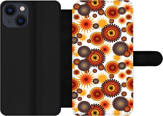 Bookcase pour téléphone iPhone 13 Bookcase - Design - Rétro - Oranje - Fleurs - Avec compartiments - Étui portefeuille avec fermeture magnétique