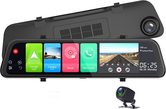 TechU™ Dashcam Voor en Achter Camera – M28 Zwart – Dashboardcamera – 11.66 inch Scherm – GPS & Wifi – G-sensor – Bewegingssensor – Loop recording – Nachtvisie – 170° Wijdhoeklens – Incl. Achteruitrijcamera - voor auto