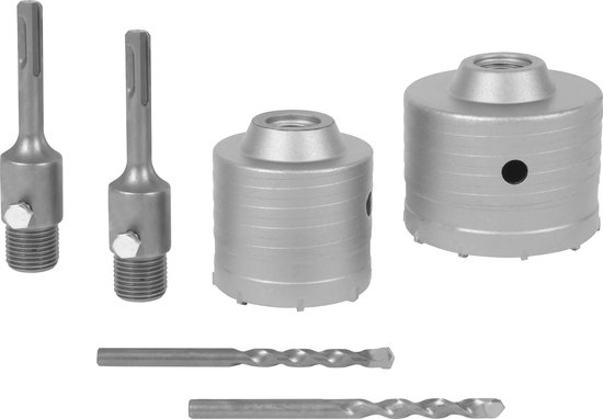 Twee metalen gatzagen, twee SDS-plus adapters en twee centreerboren.