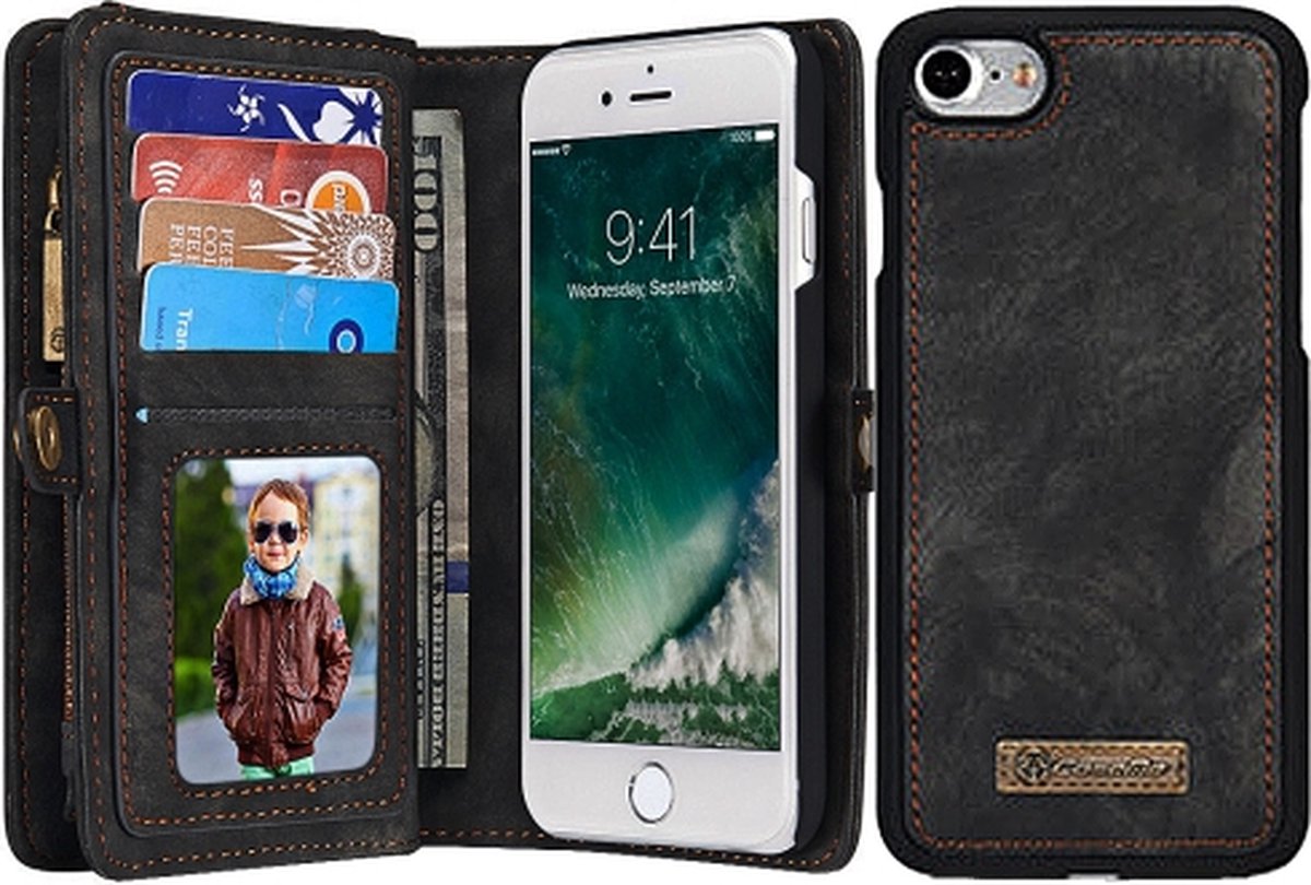Caseme Telefoonhoesje geschikt voor Apple iPhone 8 Hoesje | Caseme 008 Uitneembare 2in1 Bookcase Portemonnee | Pasjeshouder voor 8 Pasjes | Telefoonhoesje voor Pinpas / OV Kaart / Rijbewijs - Zwart