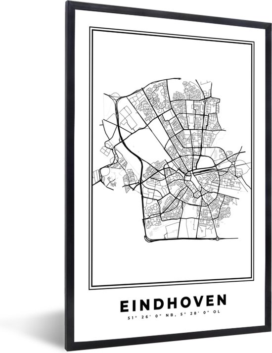 Poster Zwart Kaart - Plattegrond - Stadskaart - Eindhoven - Nederland - Zwart Wit