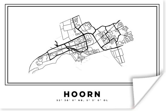 Poster Plattegrond – Hoorn – Zwart Wit – Stadskaart - Kaart - Nederland - 180x120 cm XXL