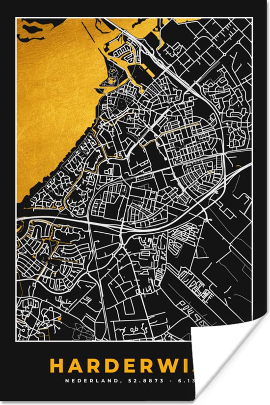 Poster Harderwijk - Goud - Stadskaart - Plattegrond - Kaart - 20x30 cm