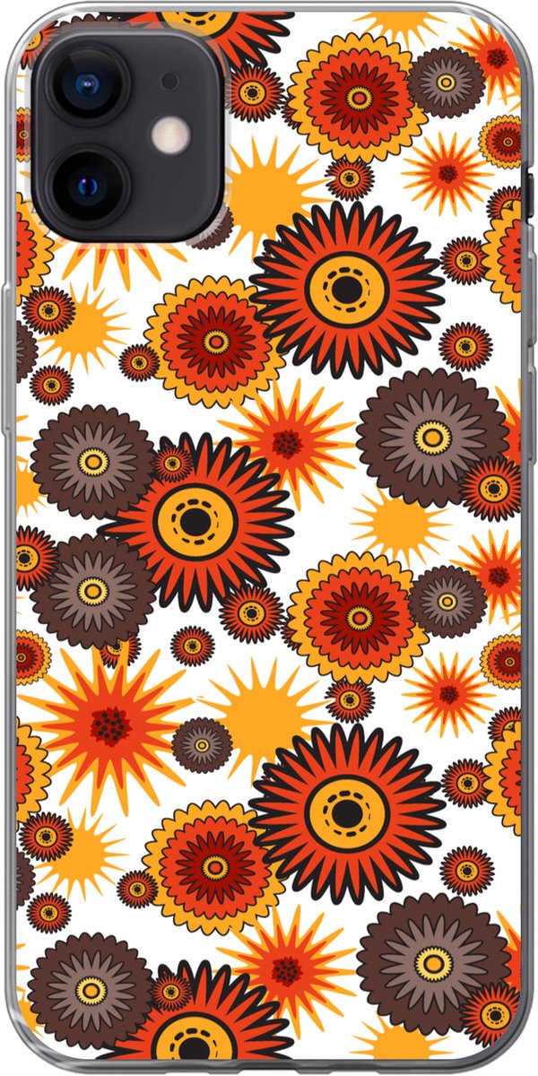 Telefoonhoesje Geschikt voor iPhone 12 mini hoesje - Design - Retro - Oranje - Bloemen - Siliconen Telefoonhoesje Telefoonhoesje