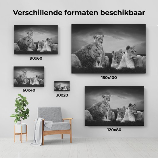 Artaza - Peinture sur Toile - Famille de Lions en Afrique - Lion - Zwart Wit - 120x80 - Groot - Photo sur Toile - Impression sur Toile