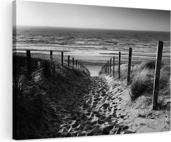 Artaza Canvas Schilderij Voetpad in de Duinen met Strand en Zee - Zwart Wit - 120x80 - Groot - Foto Op Canvas - Wanddecoratie