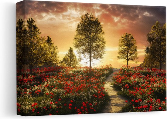 Artaza Canvas Schilderij Mooi Landschap met Rode Bloemen en Zonsondergang - 30x20 - Klein - Foto Op Canvas - Canvas Print