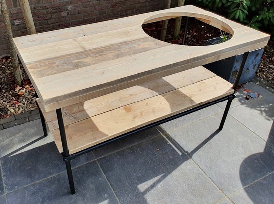 Big Green Egg Tafel - Buitenkeuken - 140x70cm - Gat 50cm - Zwart Staal en Hout - BBQ Tafel - Kamado Tafel - Barbecue - Bastard - Grill Guru - Kamado Joe - Ombouw - Onderstel - Geschikt voor vele modellen van Bastard — afbeelding 5