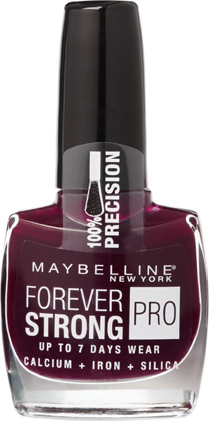 Maybelline Super Stay Forever Strong Pro nagellak in een dieppaarse kleur met "100% Precision"-label.