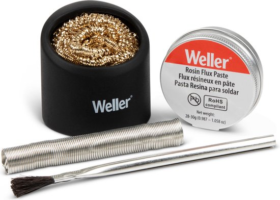 Weller WCACCK2N Soldeer Accessoire Set - Bevat harsfluxpasta, loodvrije soldeer, een fluxborstel en een reinigingskrul van messing met een houder van silicone