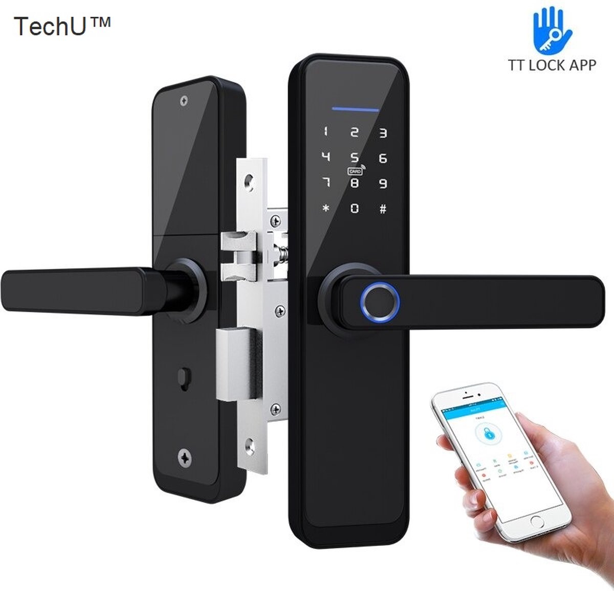 TechU™ Digitale Deurslot met Vingerprint – Zwart – Bluetooth & App – Elektronische Smart Lock – Slimme Deurklink