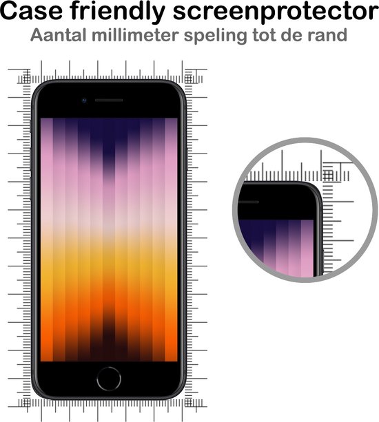 Een smartphone met een kleurrijk display, gefotografeerd met een liniaal. Een vergrootglas toont de afgeronde hoek.