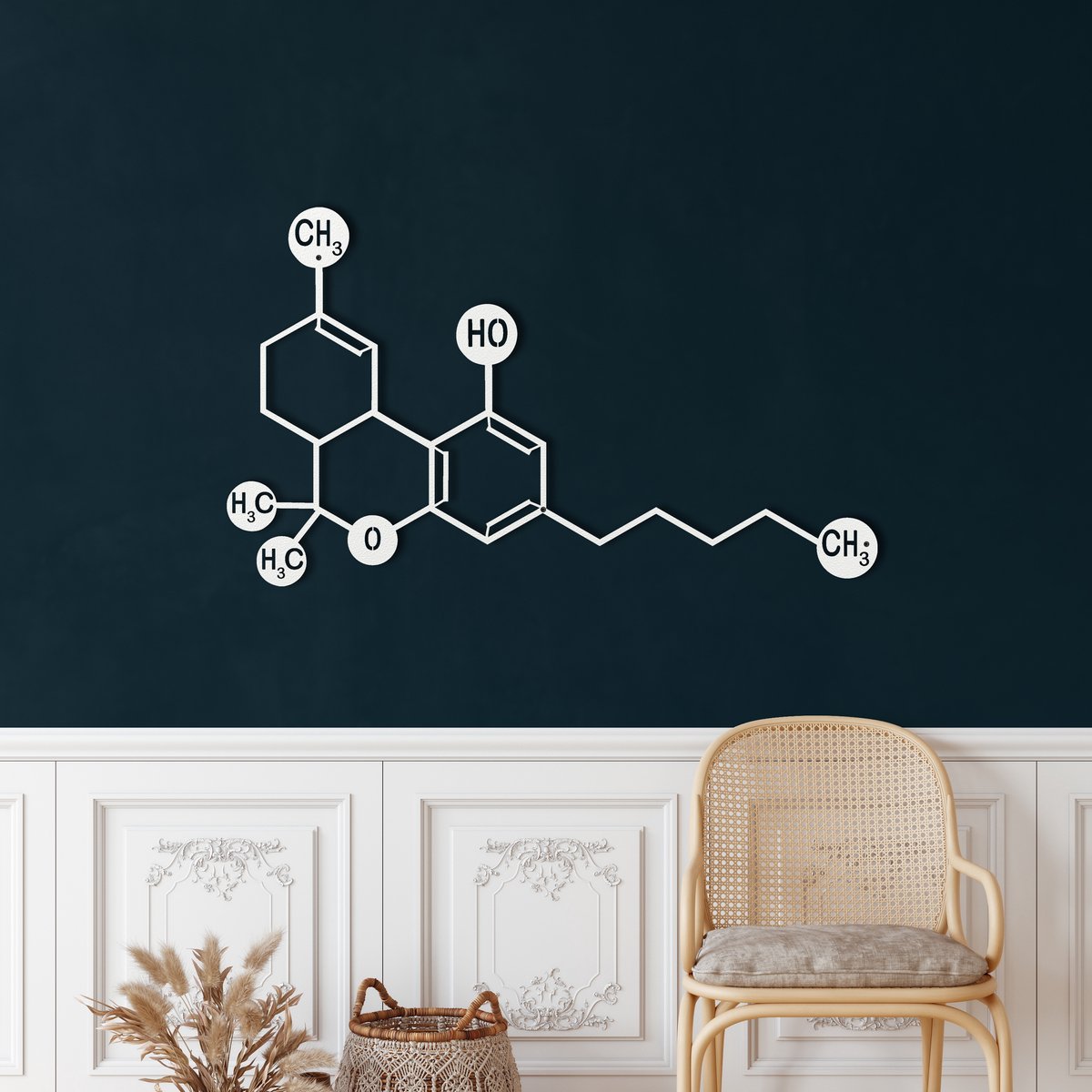 Wanddecoratie |Serotonine Molecuul / THC Molecule decor | Metal - Wall Art | Muurdecoratie | Woonkamer |Wit| 60x36cm