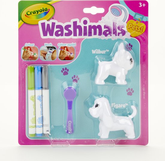 Washimals Pets! Wilbur en Figaro, twee witte hondjes om te kleuren met drie stiften en een borstel.