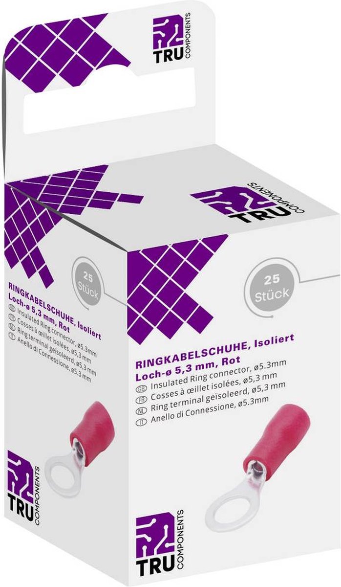 TRU COMPONENTS T1904C061 Ringkabelschoen Dwarsdoorsnede (max.): 1.50 mm² Gat diameter: 5.30 mm Deels geïsoleerd Rood 25