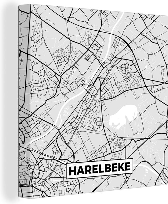 Canvas Schilderij België – Harelbeke – Stadskaart – Kaart – Zwart Wit – Plattegrond - 90x90 cm - Wanddecoratie