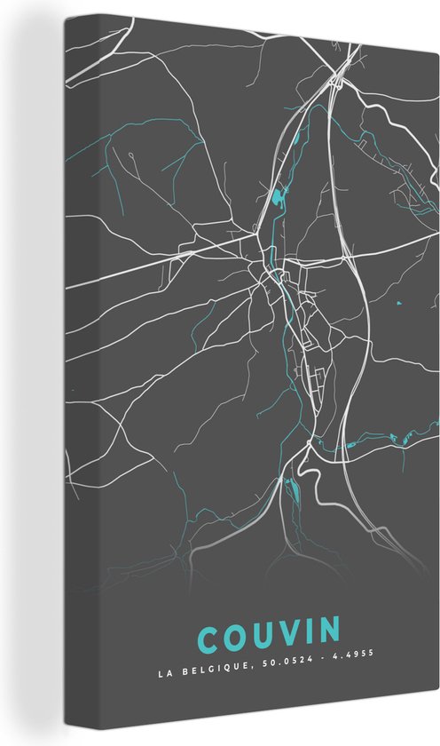 Canvas Schilderij Stadskaart – Grijs - Kaart – Couvin – België – Plattegrond - 80x120 cm - Wanddecoratie