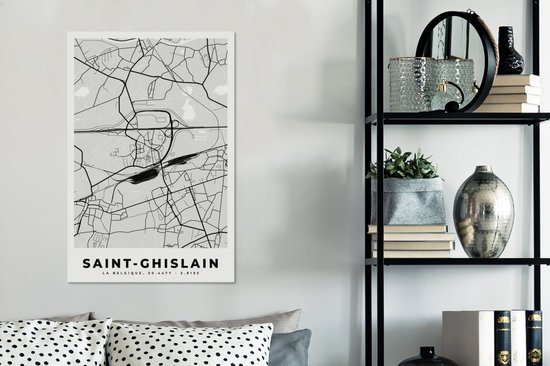 Toile Peinture City Map - Zwart Wit - Carte - Saint Ghislain - België - Carte - 40x60 cm - Décoration murale