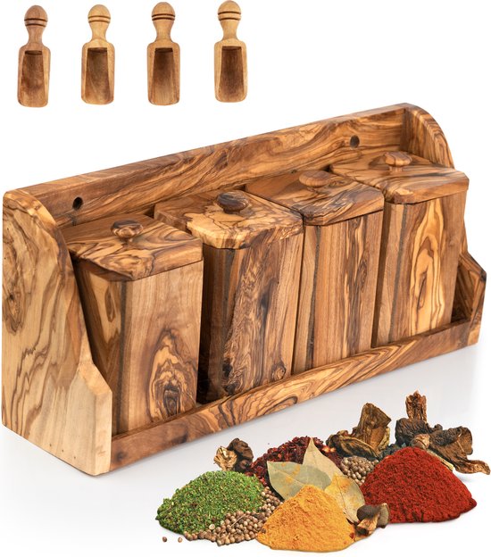 4-Delig Kruidenrek Set – Kruidenrek Ophangbaar – Kruidenrek Staand – Keuken Accessoires – Kruidenpotjes – 100% Natuurlijk Olijfhout